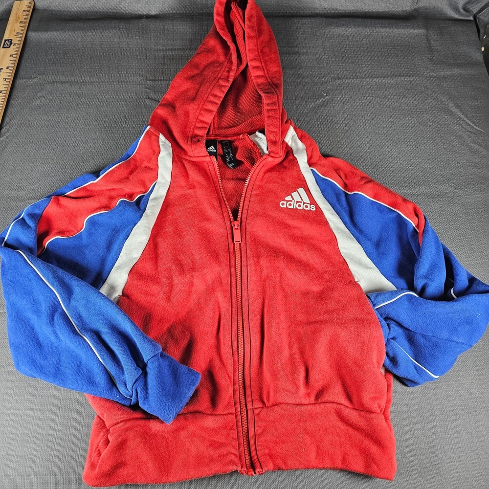 Kids Adidas Red Blue White Full Zip Hoodie Track Jacket Sweatshirt Size XS